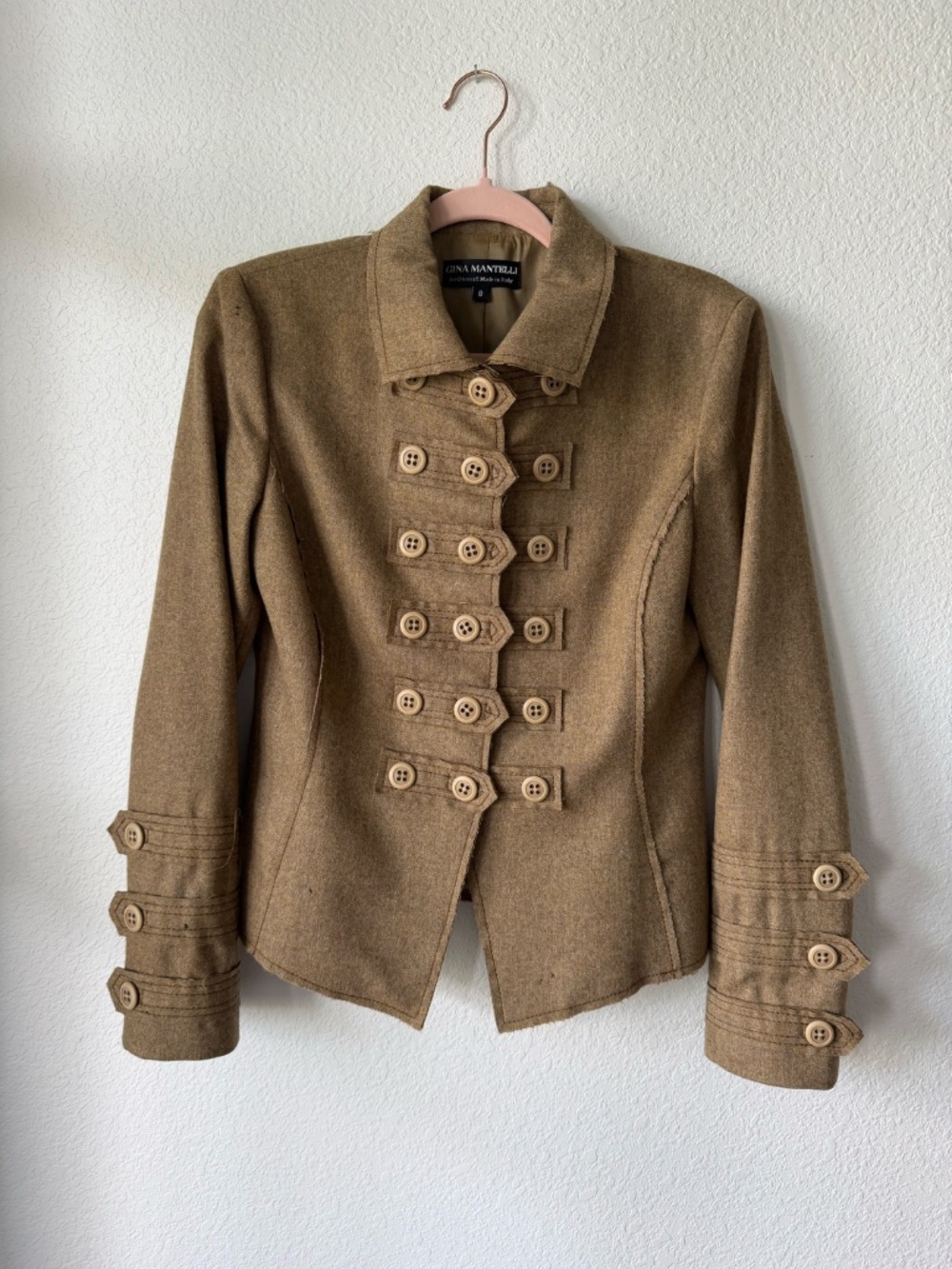 Vintage Gina Mantelli Italy Size 8 Military Wool Cashmere Blazer Jacket in Olive